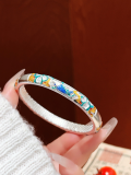 wholesale 999 Sterling Silver Antique Sand Enamel Floral Bamboo Bangle, New Retro Style Mother's Bracelet Gift-0-18