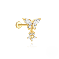wholesale S925 Sterling Silver Irregular Butterfly Crown Inlaid Zircon Flat Head Threaded Ear Cartilage Stud, Popular In Europe And America For Its Elegant Temperament-Single gold #13