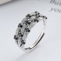 wholesale S925 Sterling Silver Korean Style Vintage Antique Black Zirconia Full Star Creative Sweet and Edgy Open Adjustable Ring for Women-YFJ507/approx. 2.6g Adjustable opening
