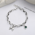 wholesale S925 Sterling Silver Chunky Chain Bow Square Cubic Zirconia Green Embedded Bracelet Gentle Sweet Fairy Style Hand Accessory-0-0