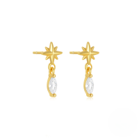 wholesale S925 Sterling Silver Four-leaf Clover Floral Earrings With Zircon Accents, Fringe, And Octagram Snowflake Design-Gold#3 925 Silver