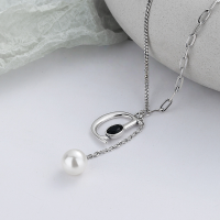 wholesale S925 Sterling Silver Retro D-Letter Black Zircon Pearl Chain Tassel Layered Collarbone Necklace-YFL192/approx. 9.6g 925 silver