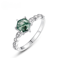 wholesale S925 Sterling Silver Fashionable and Luxurious Jewelry Minimalist Geometric Hexagonal Natural Moss Agate Ring with a High-End Feel-Green Moss>US6#
