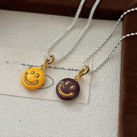 wholesale S925 sterling silver smiley enamel pendant necklace, minimalist luxury design, versatile sweater chain-Pure silver (purple)