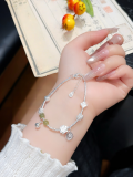 wholesale Silver and Hetian Jade Lily of the Valley Broken Silver Bracelet, Minimalist Design, Forest-Style Sweet Hand Chain, 520 Valentine's Day Gift-0-9