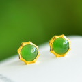wholesale Gold-Plated 925 Silver Vintage Style Certified Hetian Jade Earrings Minimalist Octagonal Set Jasper Half-Circle Stud Earrings-0-0