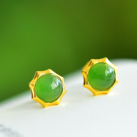 wholesale Gold-Plated 925 Silver Vintage Style Certified Hetian Jade Earrings Minimalist Octagonal Set Jasper Half-Circle Stud Earrings-Gold Jasper Earrings 925 Silver