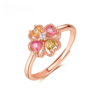 wholesale new fashion trendy S925 sterling silver gold-plated natural pink tourmaline flower ring, fresh and elegant colorful gemstone ring-Rose gold + swimming paint opening adjustable