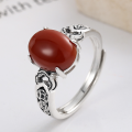 wholesale 925 Sterling Silver Auspicious Clouds and Ruyi Scepter Inlaid with Southern Red Agate Ring, Retro Literary Ethnic Style Temperament Ring-0-2