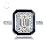 wholesale 925 Silver Mù Jǐng Jewelry Light Luxury Style Fashion Simple Emerald Cut Ring Versatile Three-Piece Set for Socialites-R613 White Diamond Black Trim Ring  Size 6