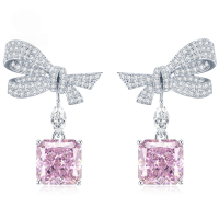 wholesale Metal material first, Mu Jing Jewelry new fashion bow pink diamond earrings for women 10*10 simulated gemstone European and American long style-E166 Pink Diamond Earrings 925 Silver