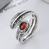 wholesale S925 Sterling Silver Retro Trendy Royal High Bridge Feather Design Cat's Eye Gemstone Inlaid Open Ring for Men and Women-YFJ700/approx. 5.7g>Adjustable opening