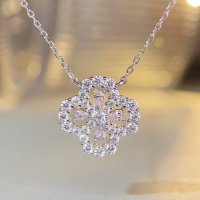 wholesale S925 Sterling Silver TikTok Live Popular Four-Leaf Clover Necklace for Women, Ins-Style Flower Pink Diamond Chain H Family Collarbone Necklace-Rose Red Diamond 925 Silver