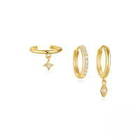 wholesale S925 Sterling Silver Zircon-inlaid Geometric Earring Set, Enamel Octagram Ear Cuffs-Set of 3 - Gold#3 925 Silver
