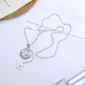 wholesale S925 Sterling Silver Korean-style Heart Bear White Mother-of-pearl Round Pendant with Interlocking Heart and Hollow-Out Bear Design Fringe Necklace-0-1