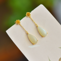 wholesale 925 silver with certificate new Chinese antique style jade earrings, Hetian jade ear accessories, plum blossom water-drop jade long earrings-0-2