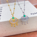 wholesale S925 Sterling Silver Chalcedony "Fu" Character Longevity Lock Necklace, Fashionable National Trend Style, Niche Design, High-End Sense Collarbone Chain-0-1
