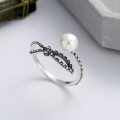 wholesale S925 sterling silver Korean-style elegant vintage pearl bow index finger versatile open ring-0-0