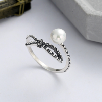 wholesale S925 sterling silver Korean-style elegant vintage pearl bow index finger versatile open ring-YFJ407/approx. 2.1g>Adjustable opening