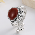 wholesale S925 Sterling Silver Retro Classical Style Longevity Lock Tassel Open-End Ring Palace Style Artistic Southern Red Inlay-0-2