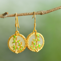 wholesale 925 silver gold-plated antique-style jade earrings with certificate, cheongsam Hanfu bamboo joint cold enamel inlaid Hetian jade earrings-Cold Enamel Bamboo Jade Earrings>925 Silver