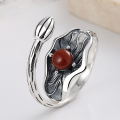 wholesale S925 Sterling Silver Retro Antique Chinese Style Lotus Flower and Leaf Nanhong Inlaid Adjustable Open Ring with Design Appeal-0-2